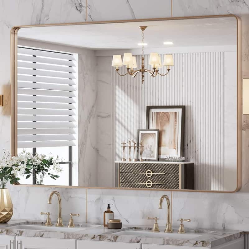 Aluminum alloy Framed Tempered Glass Wall Bathroom Vanity Mirror - 48" x 32" - Gold
