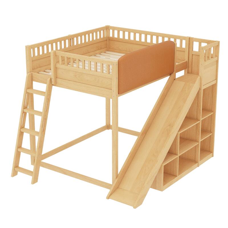 Minimalist Wood Loft Bed Frame with Upholstered Headboard, Storage Open Shelves, Safety Guardrails, Ladder and Slide for Kids