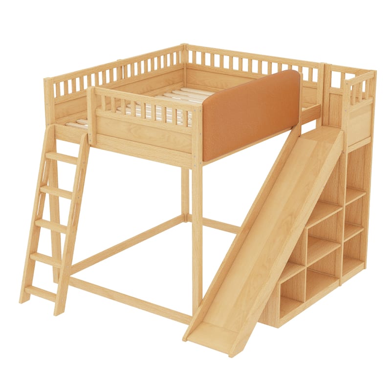 Queen/Full Loft Bed with Upholstered Headboard, Storage & Slide
