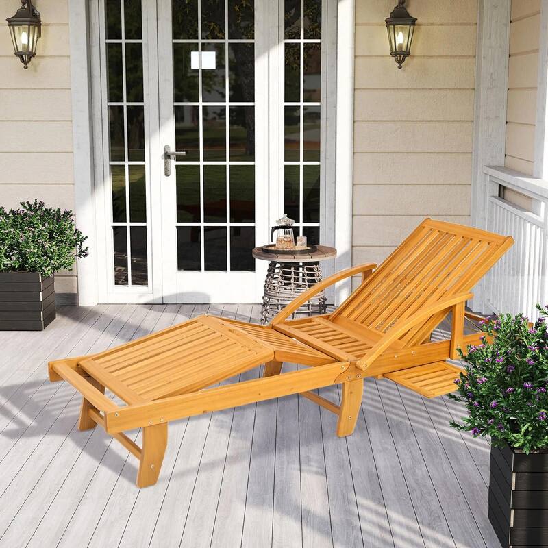 Acacia Wood Folding Lounge, 4-Pos Adjustable, Wheels for Beach