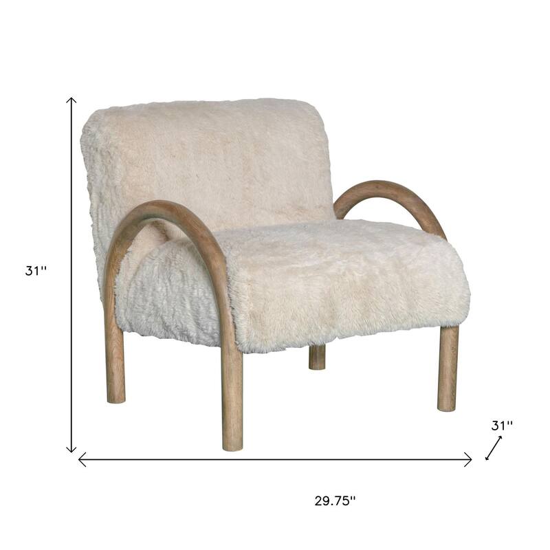 HomeRoots 30" Off White and Natural Faux Fur And Wood Arm Chair - 29.75 in. x 31.00 in. x 31.00 in.