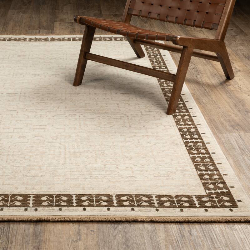 Adelaide Global Bordered Beige/ Brown Wool Blend Area Rug_