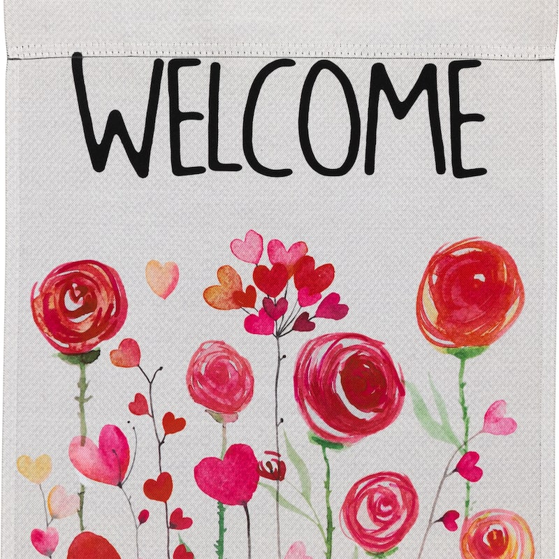 Roses and Hearts Floral "Welcome" Outdoor Garden Flag 18" x 12.5"