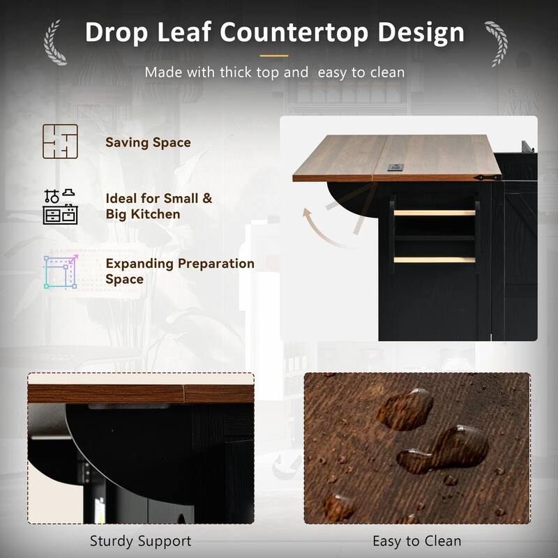 Farmhouse Kitchen Island with Power Outlet, Rolling Kitchen Cart on Wheels with Internal Storage Rack, Drop Leaf, Spice Rack
