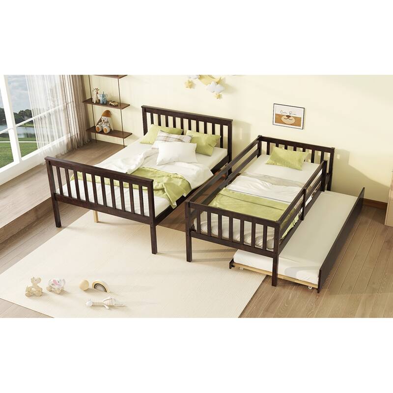 Roomfitters Twin Over Full Rubber Wood Bunk Bed with Trundle, Detachable Convertible Bunk Bed with Ladder and Guardrails