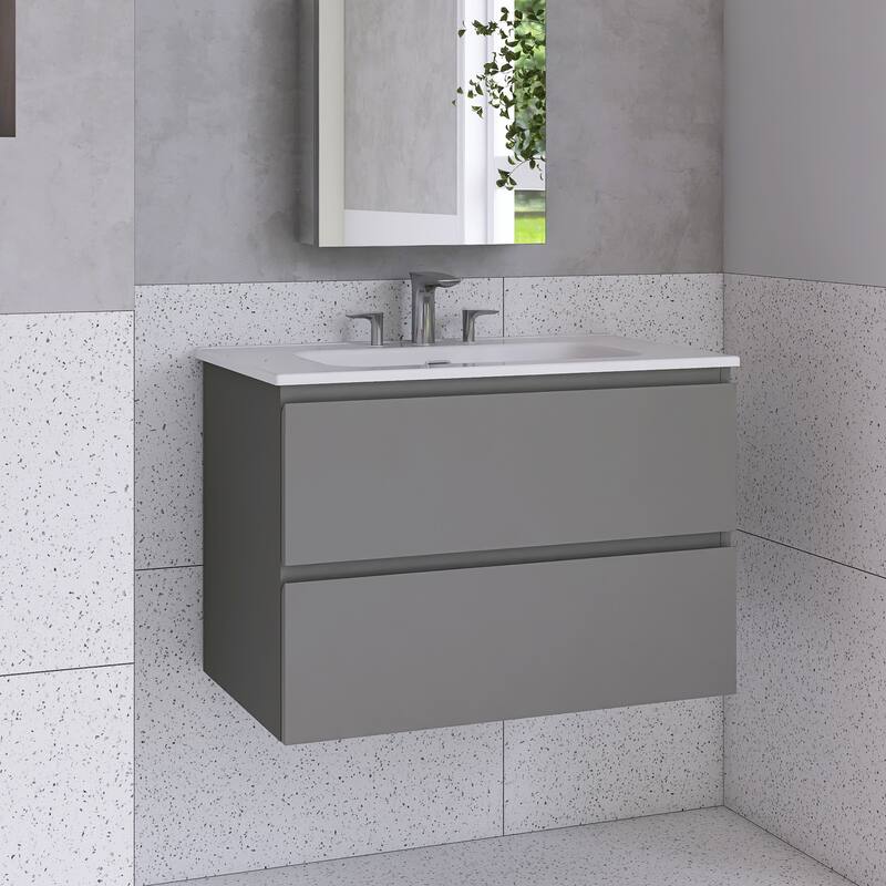 Floating Integrated Bathroom Vanity with Ceramic Sink, Three Faucet Holes