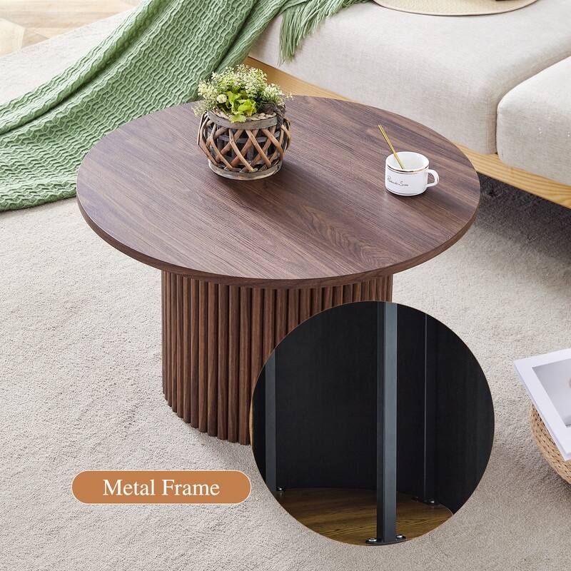 27.5 Inch Modern Circular Coffee Table with Walnut Finish & Hidden Storage