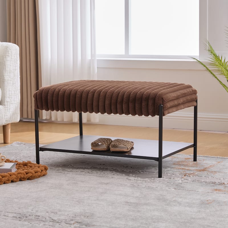 30.7"W Modern Ottoman Coffee Table,Upholstered Bench Footrest with Wood Storage Shelf - Brown