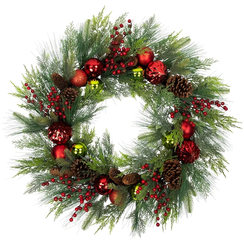 Berries Pinecones Ornaments Artificial Christmas Wreath 36" Unlit