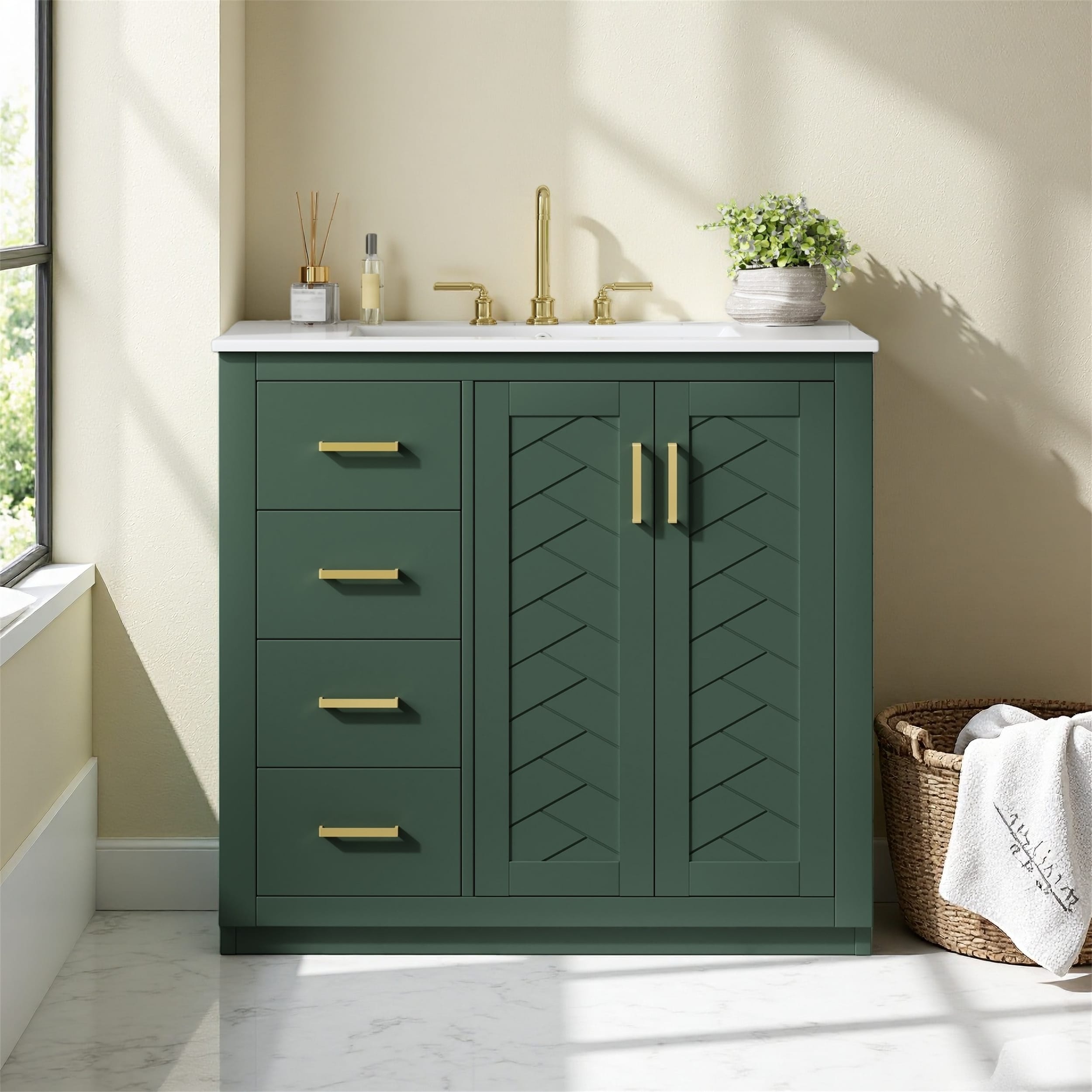 36" Bathroom Vanity w/Ceramic Sink,Solid Wood Frame,Soft-Close Storage