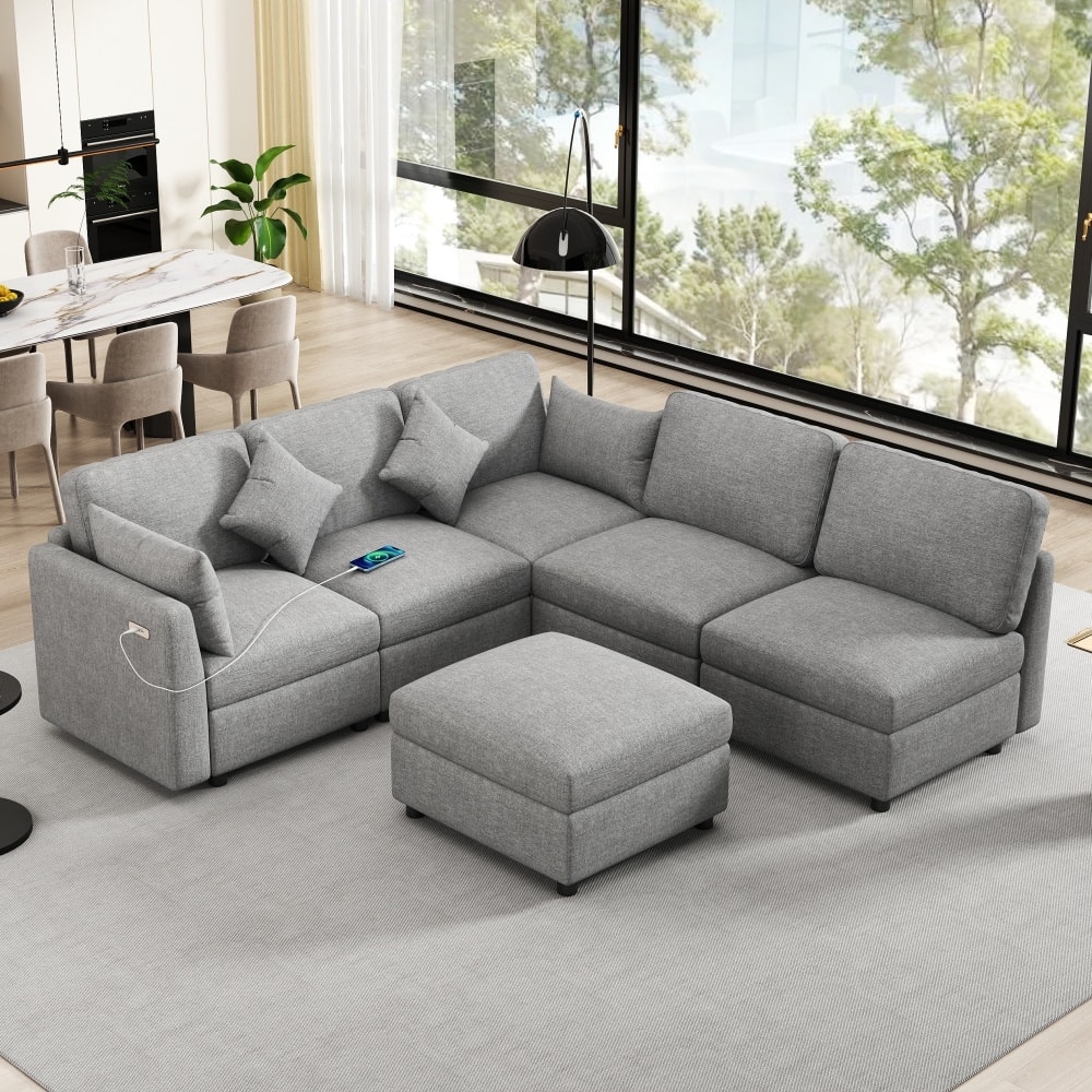 86.6" Convertible Modular Sectional Sofa with Movable Ottoman and USB Ports