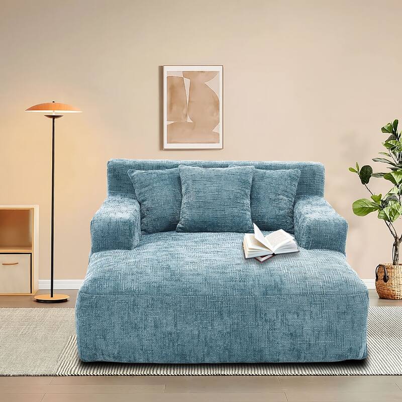 Classic Minimalist Frameless Chenille Fabric Upholstered Lazy Sofa Chair Leisure Chaise -  Mint Blue