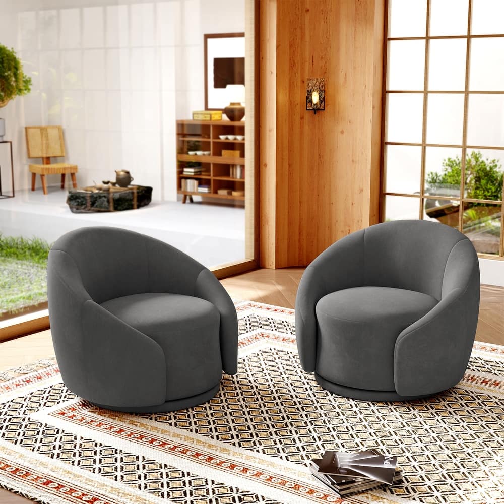 Boucle Barrel Chair Upholstered 360°Swivel Armchair Set of 2