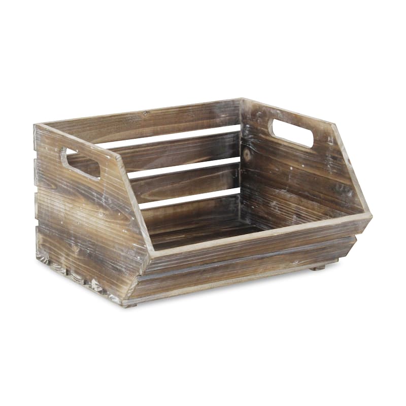 Natural Brown Wood Slat Stackable Storage with Side Handles - N/A