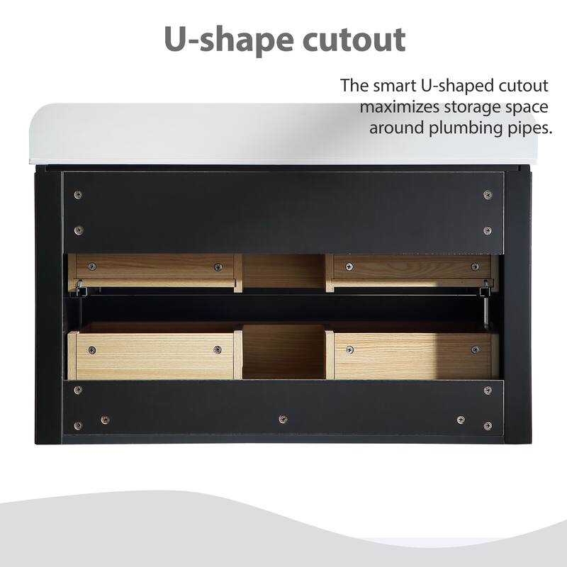 Modland Fluted Floating Vanity with Sink, Plywood Wall Mount Cabinet, Curved Edge, 24/30/36 Inch