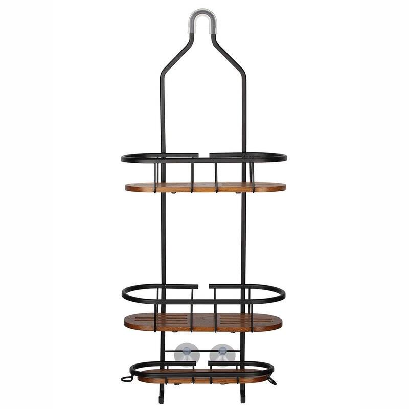 Utopia Alley Tia Rustproof Teak Overhead Shower Caddy with 3 Shelves, Hanging Shower Head Organizer, Black & Chrome Finish - Black - 11*5*26.5"