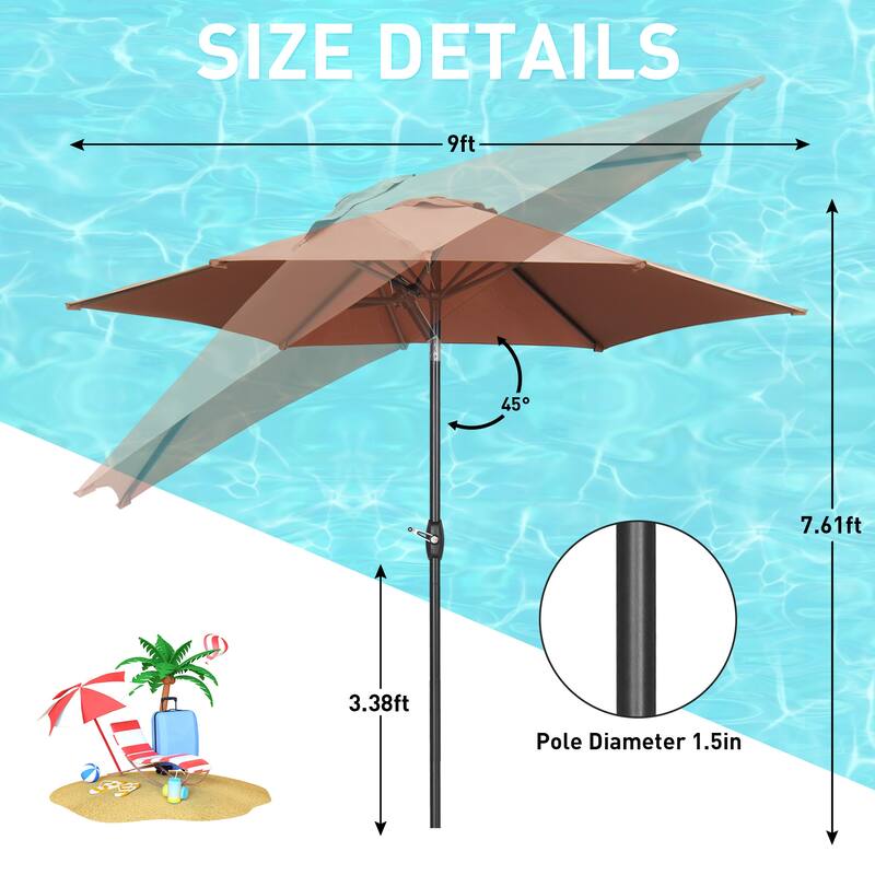 9ft Outdoor Patio Umbrella 6 Ribs with Tilt & Crank.