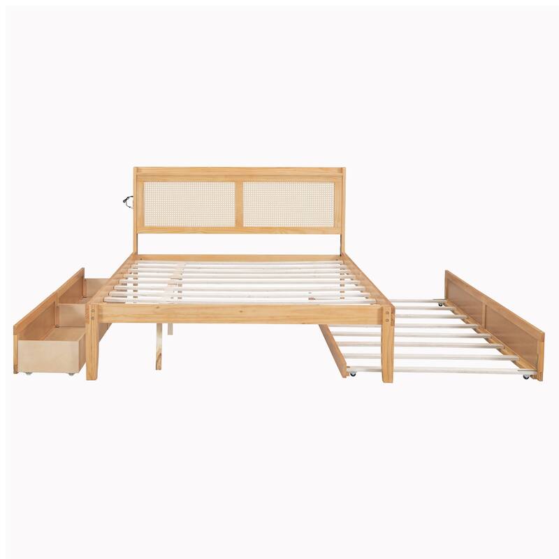 Elegant Bed Frame with Rattan Headboard and Sockets
