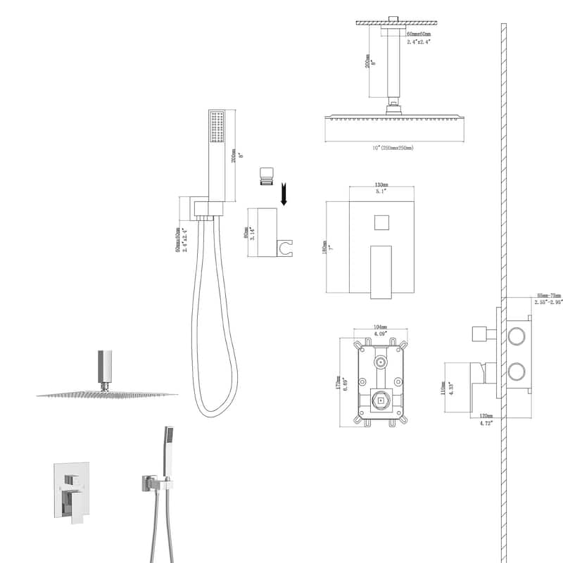 10 Inch Ceiling Mount Square Shower System with Rough-in Valve