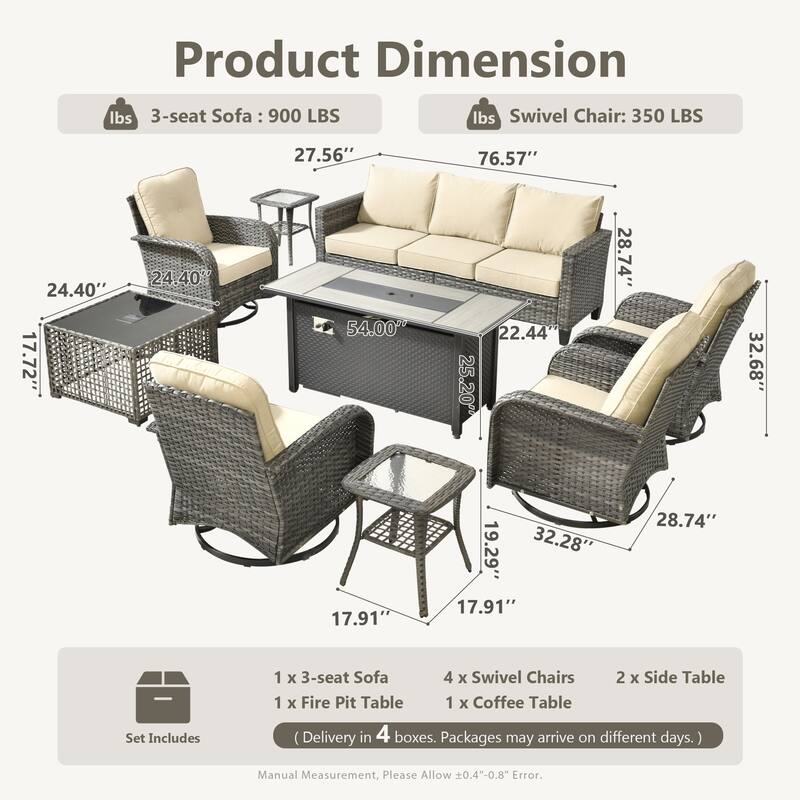 HOOOWOOO 9-piece Grey Wicker Outdoor Fire pit Set with Swivel Chairs