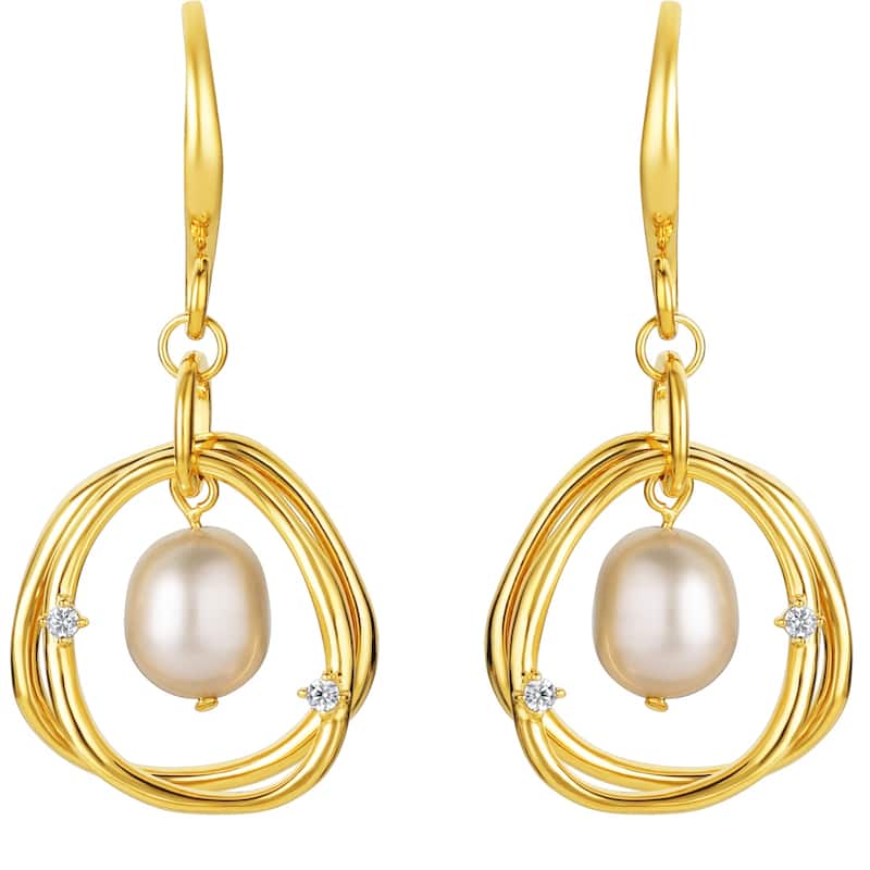 Yellow-Tone Sterling Silver Pearl Wreath Drop Earrings