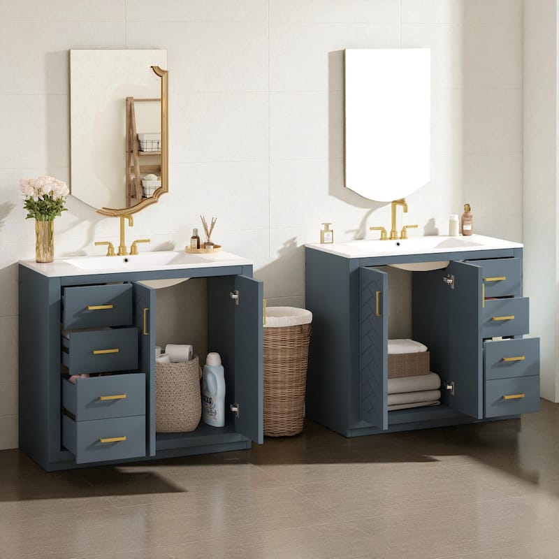 72" Solid Wood Bathroom Vanity with Dual Ceramic Sinks, Freestanding Double Sink Cabinet with Drawers and Soft-Closing Doors