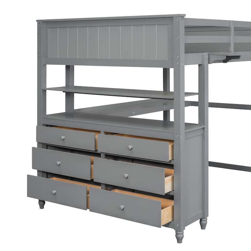 Loft Bed with Drawers and Desk, Wooden Loft Bed with Shelves