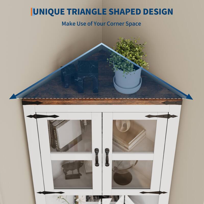 Tall Corner Cabinet, Farmhouse Corner Storage Cabinet with Glass Door & Adjustable Shelves, Space Saving Storage