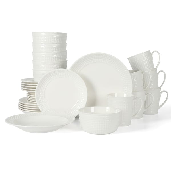 slide 2 of 11, Martha Stewart 30 Piece Basket Weave New Bone China Embossed Porcelain Dinnerware Set