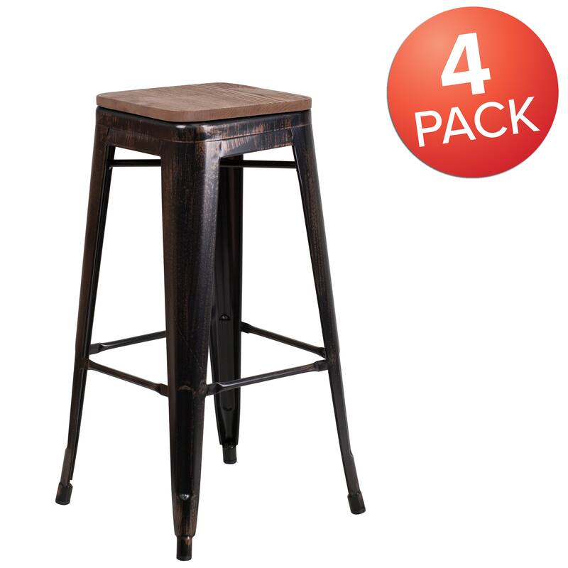 4 Pack 30" High Backless Metal Barstool with Square Wood Seat - Black-Antique Gold