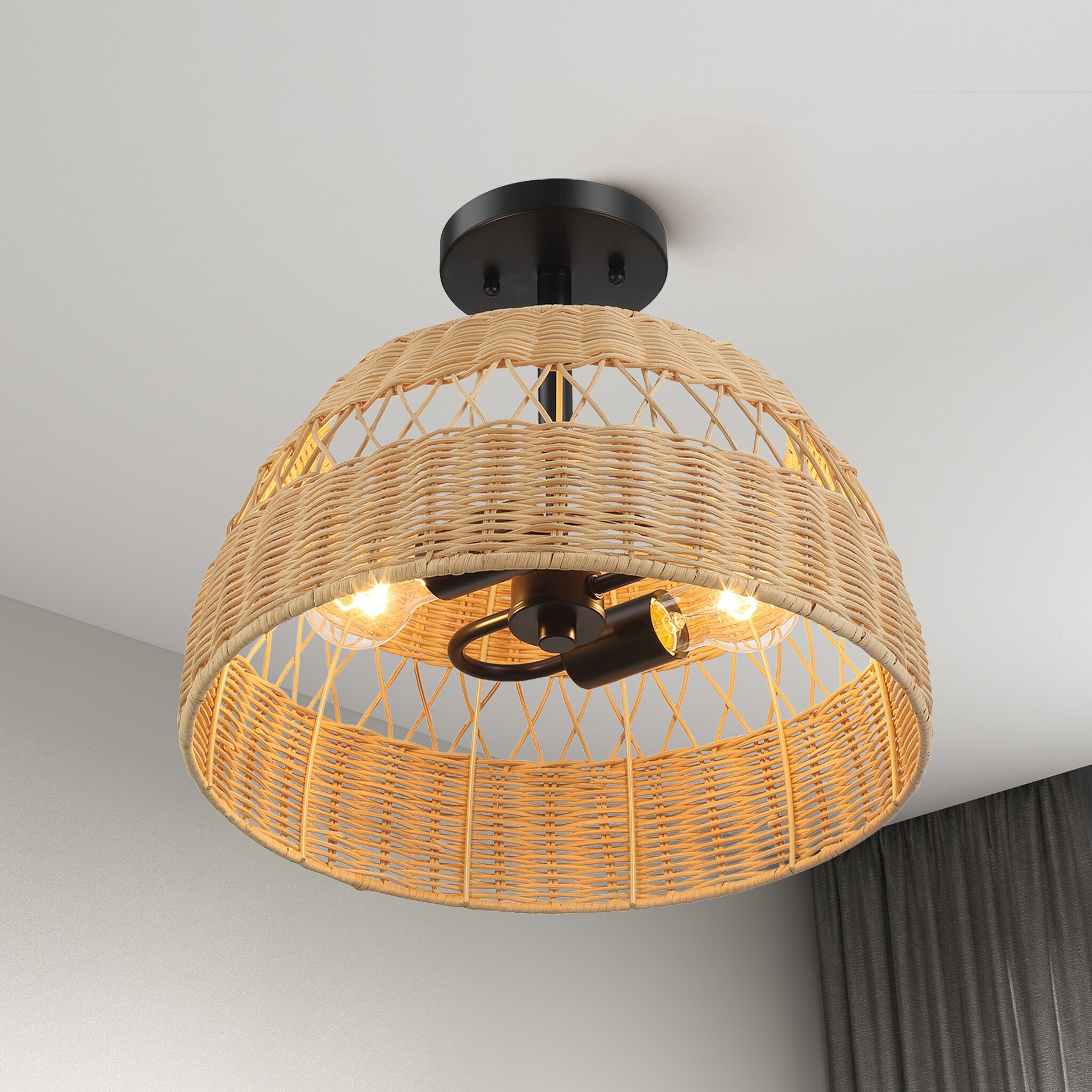 Twinre Rattan Semi Flush Ceiling Light Farmhouse Double Light Fixture with Black Metal Finish