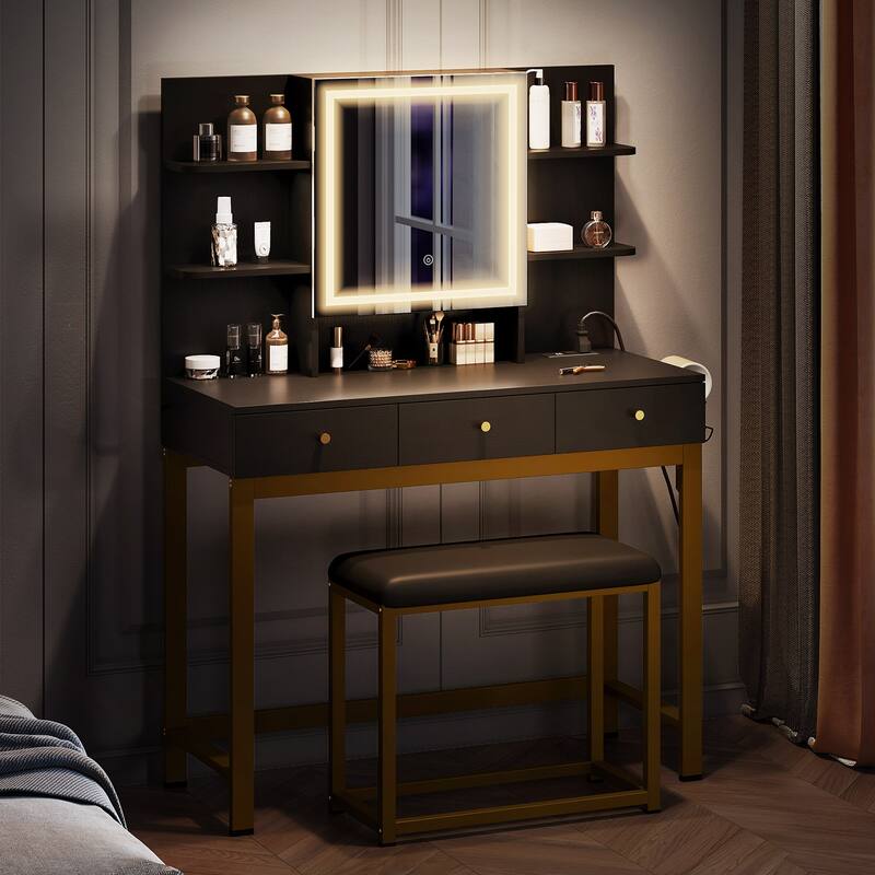 Moasis 3 Drawers Vanity Desk with Mirror Lights and Hidden Storage Shelves