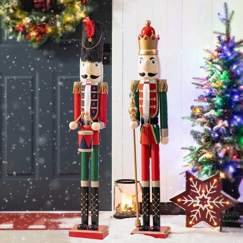 Glitzhome 42"H Set of 2 Wooden Christmas King and Soldier Nutcrackers Xmas Porch Decor