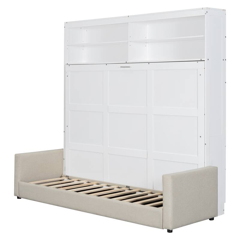 Queen Size Wall Bed with Sofa, Space-Saving Murphy Bed, White