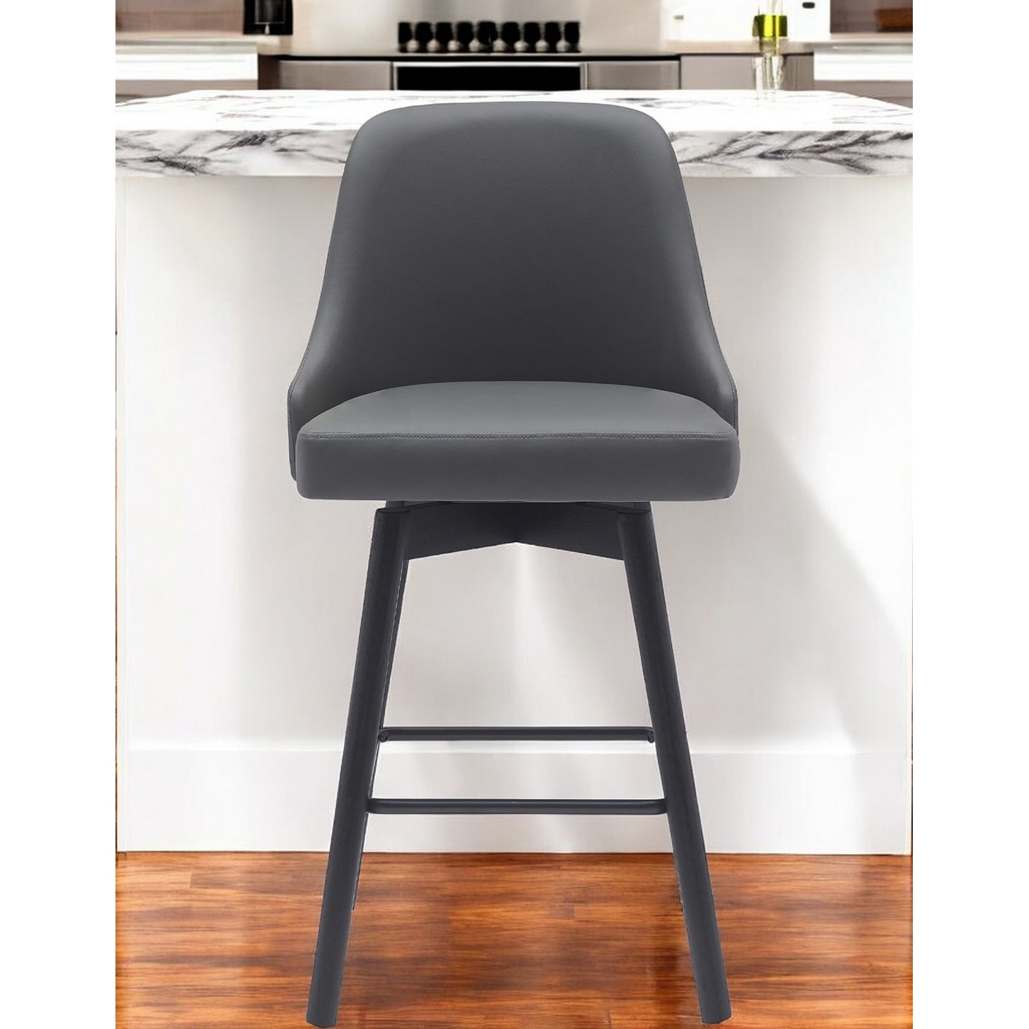26" Gray and Black Faux Leather with Solid Wood Swivel Counter Height Bar Chair