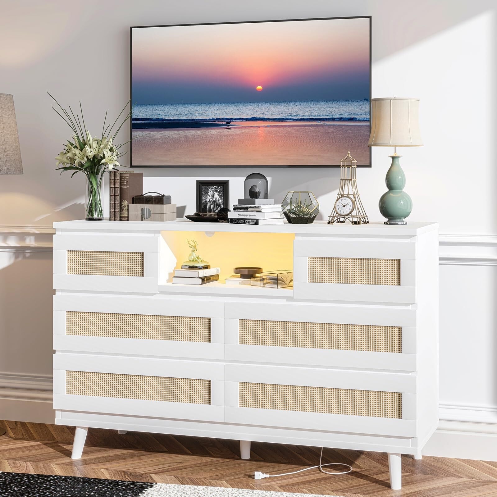 Natural Rattan Dresser for Bedroom, LED Light and Charging Station, Modern Chest Organizer