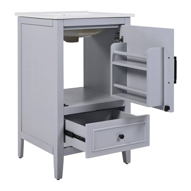 20" Bathroom Vanity with Ceramic Sink, Freestanding Bathroom Vanity Cabinet with 1 Door, 1 Storage Drawer and Door Shelf Design