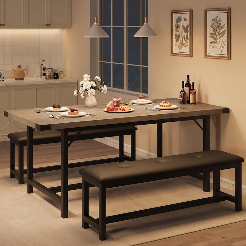 Dining Table Set for 4-6, 63" Extendable Wood Dining Room Table with Corner Protector & 2 Upholstered Benches