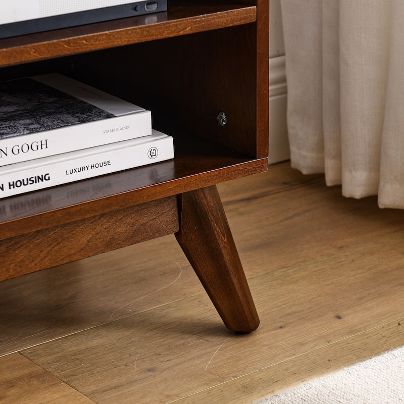 59" Mid-Century Modern TV Stand with Solid Wood Feet & Rattan Door for 65" TV