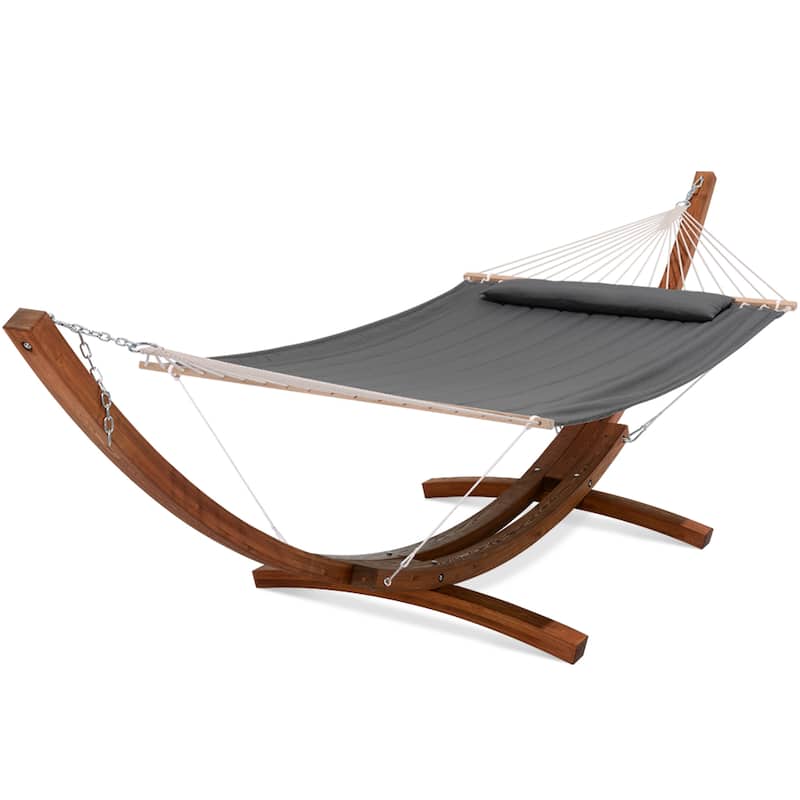 2 Person Large Quilted Hammock with 13.5 Ft Wooden Arc Hammock Stand - Solid Gray