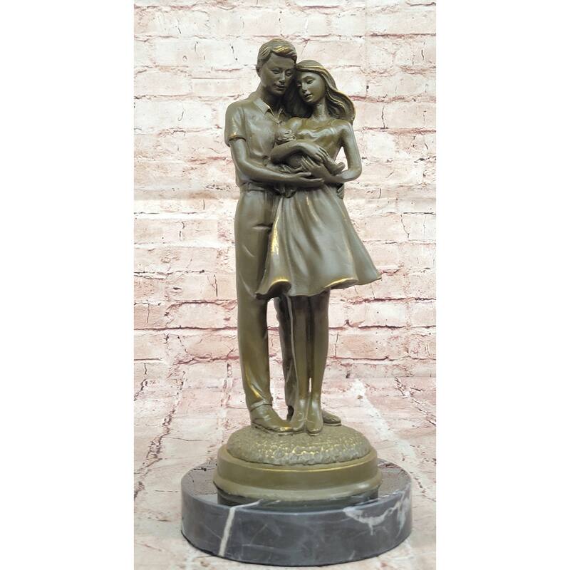 Bronze Sculpture Of Young Family Holding Newborn Baby By Milo