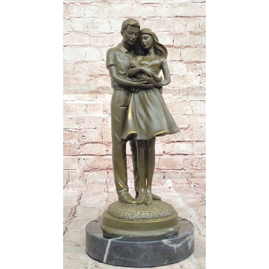 Bronze Sculpture Of Young Family Holding Newborn Baby By Milo