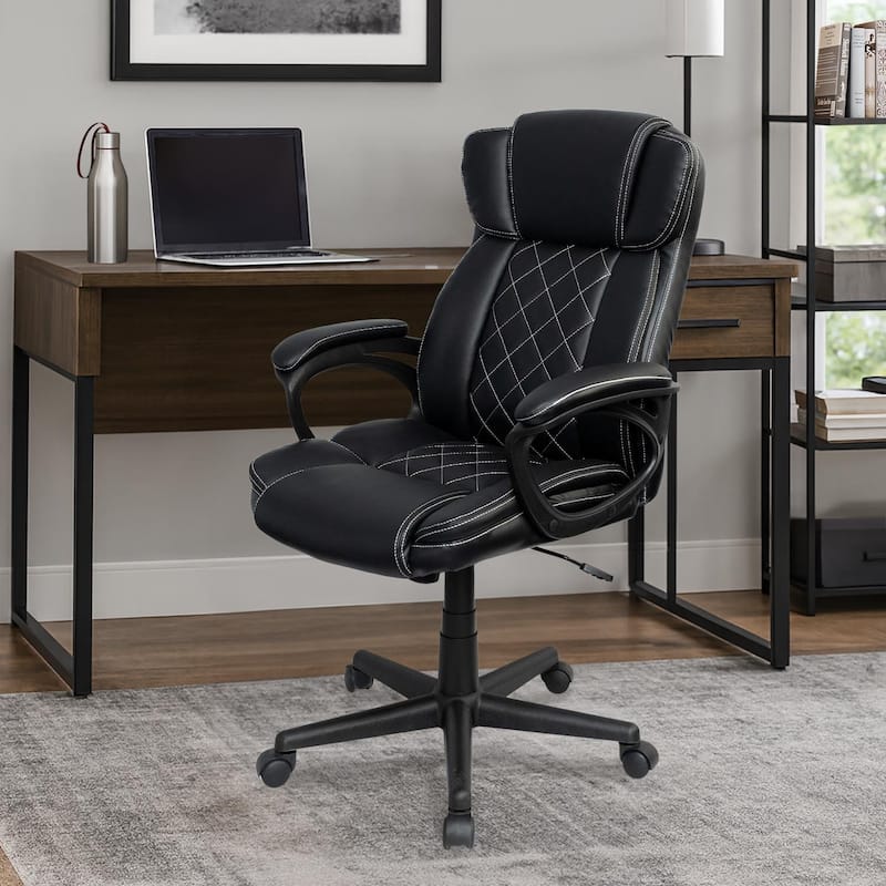 Faux Leather, Diamond-Stitch Padding, Executive Office Chair - Black