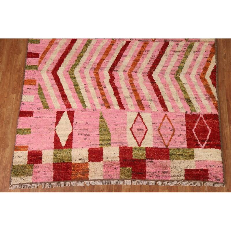 Hand Knotted Oriental 100% Wool Carpet Modern Tribal Pink Moroccan Area Rug - 9' 10'' X 6' 5''