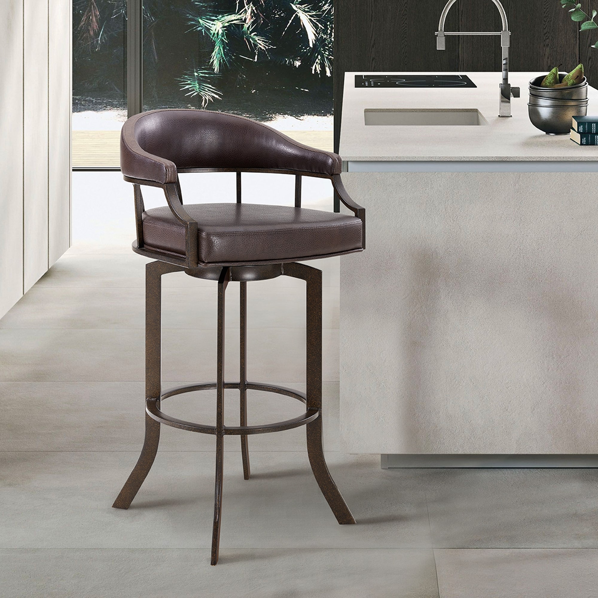 Pharaoh Brown Faux Leather Swivel Bar Counter Stool in Auburn Bay Finish