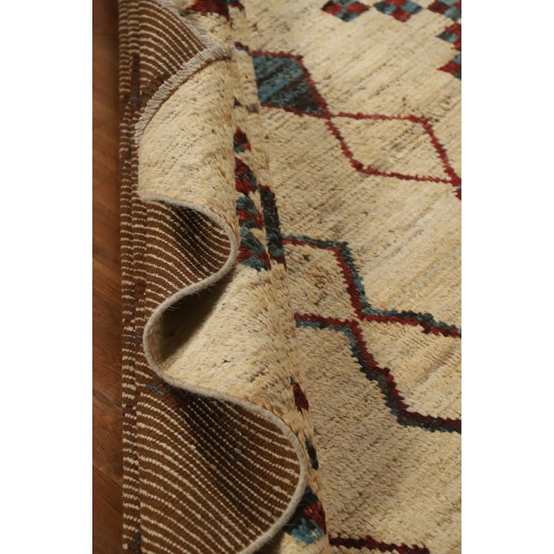 Geometric Moroccan Oriental Area Rug Hand-Knotted Beige Wool Carpet - 6'6" x 9'7"