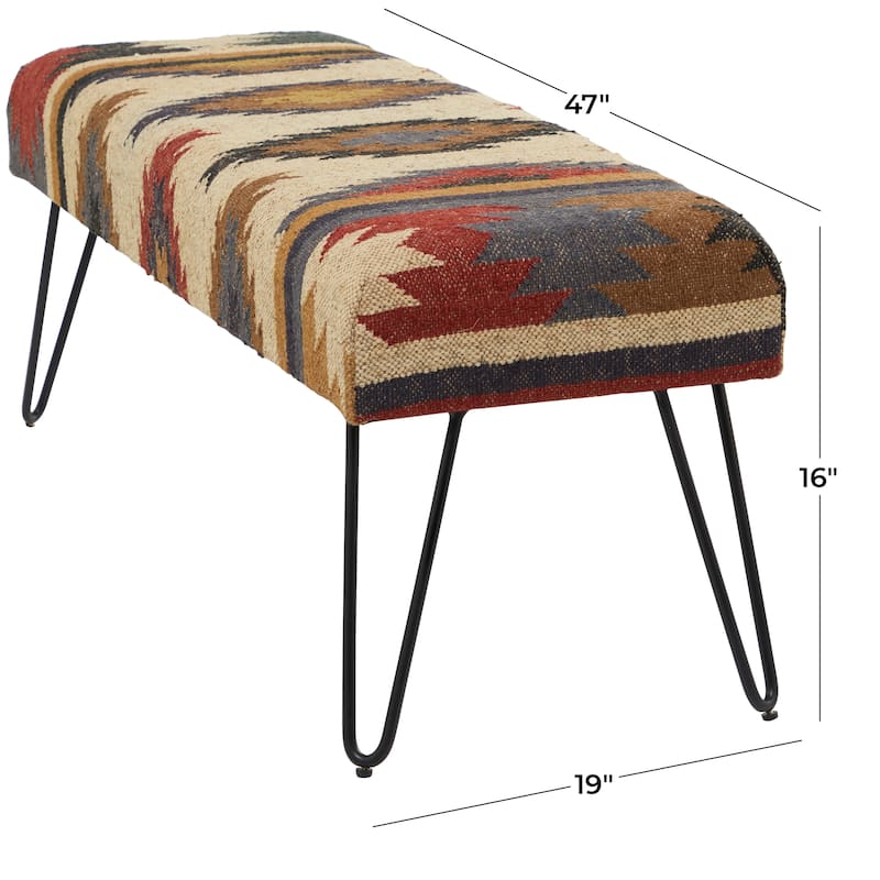 Metal Floral, Diamond or Tribal Bench with Metal Hairpin Legs - White, Gray or Multi Colored - Roche River Decor