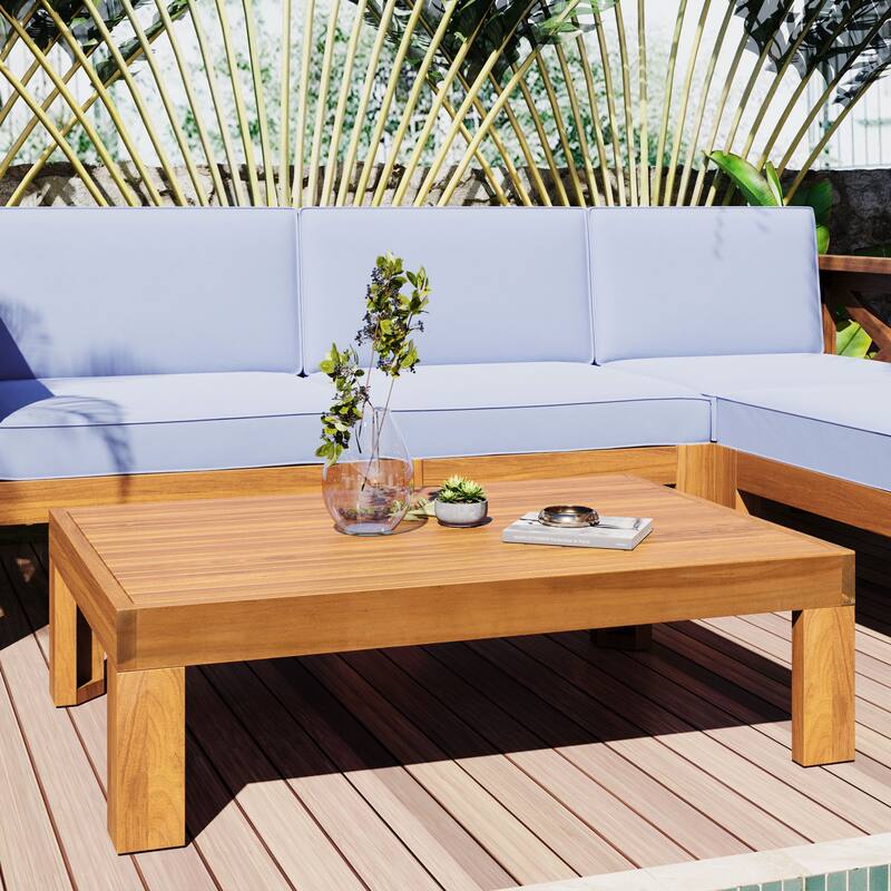5-Piece Acacia Wood Outdoor Sectional Sofa Set with Cushions, Corner Seating Group with Ottoman and Coffee Table