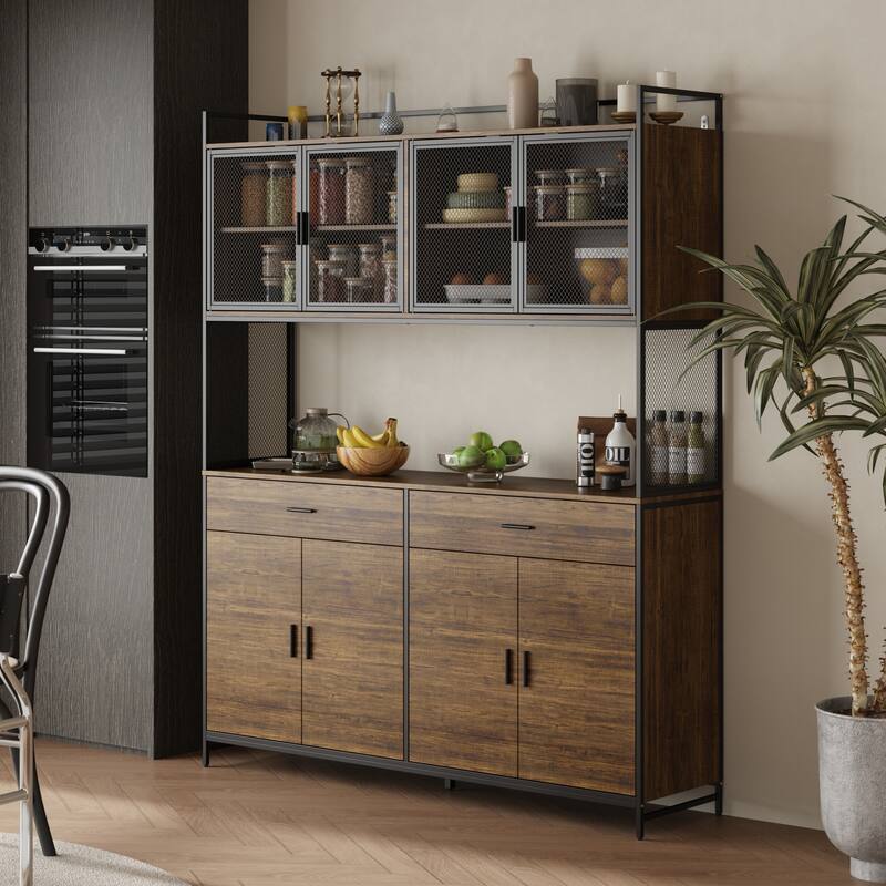 Multifunctional Kitchen Cabinet Collection Metal Frame Shelf Brown Walnut Color