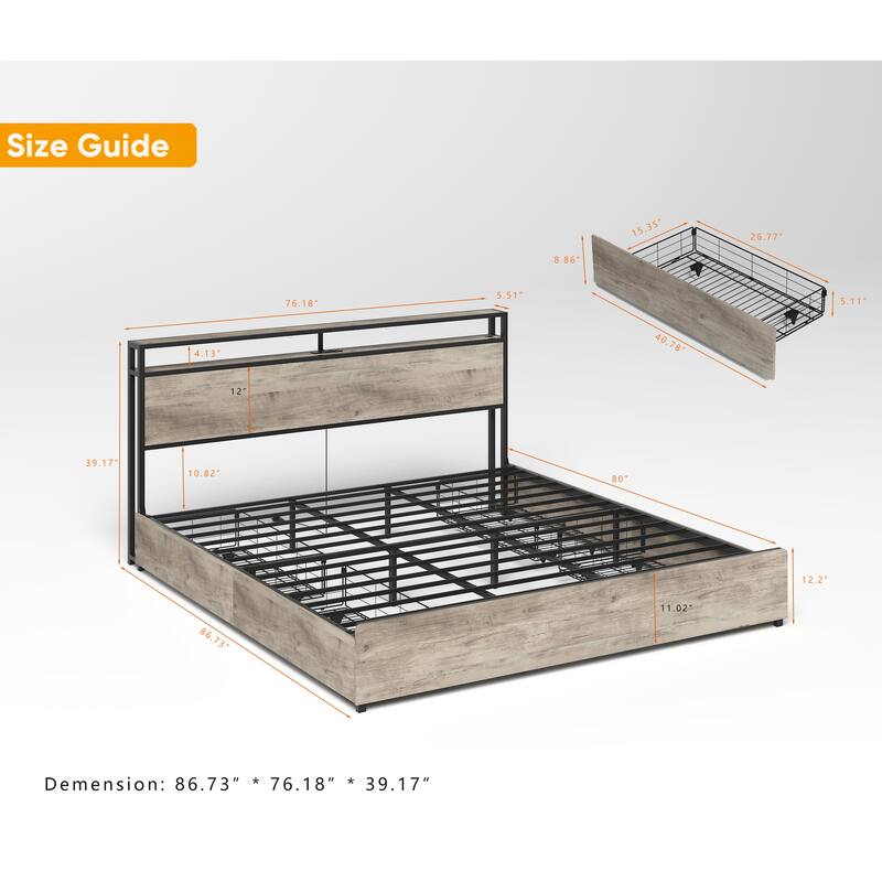 Queen Bed Frame with Storage Headboard, Charging Station, LED Lights, and Easy Assembly
